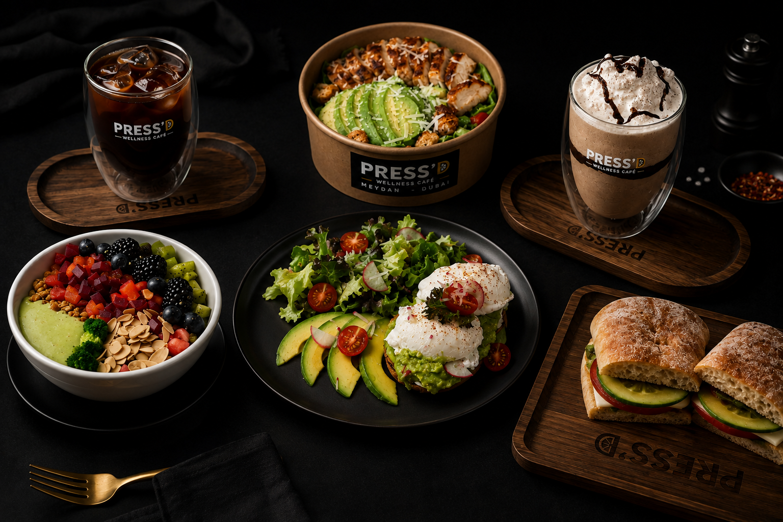 PRESS'D menu selection with coffee, burger, salad, sandwich and dessert