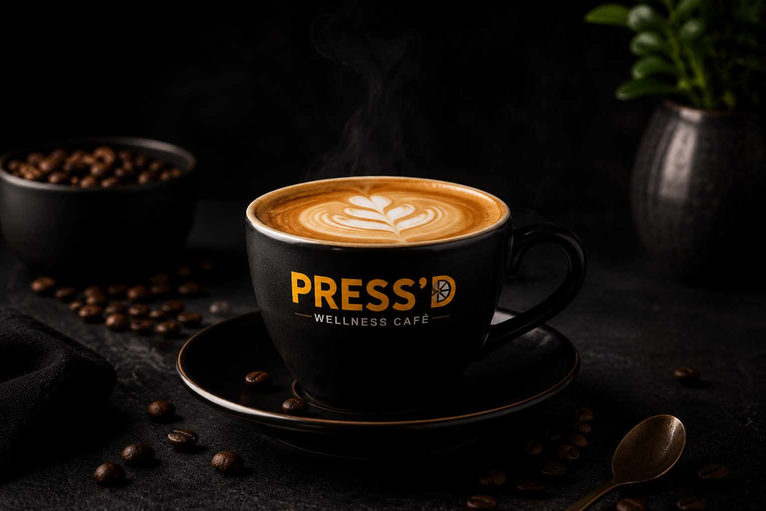 PRESS'D signature coffee in a branded black cup