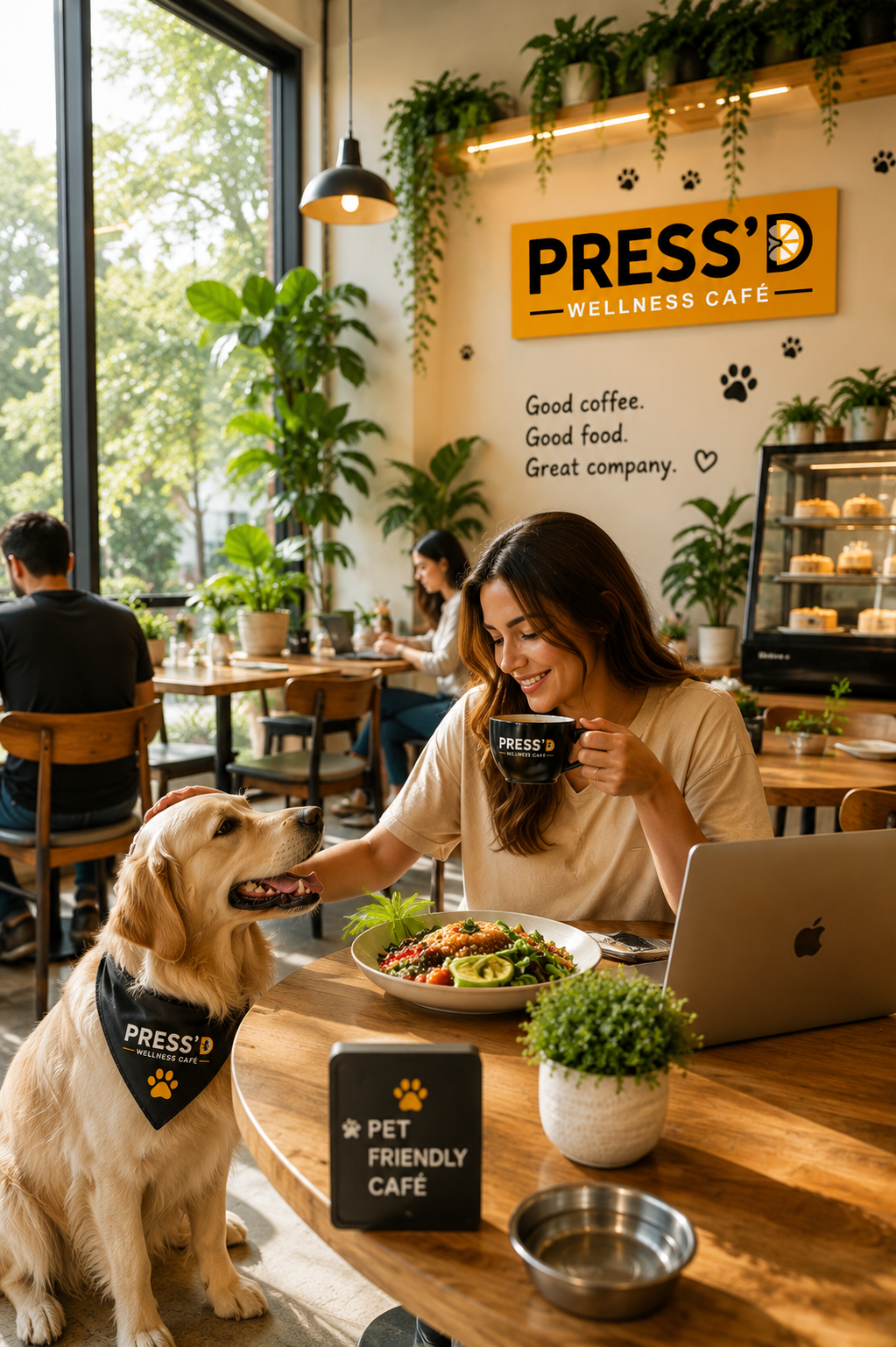 Customer enjoying coffee with a dog at PRESS'D café