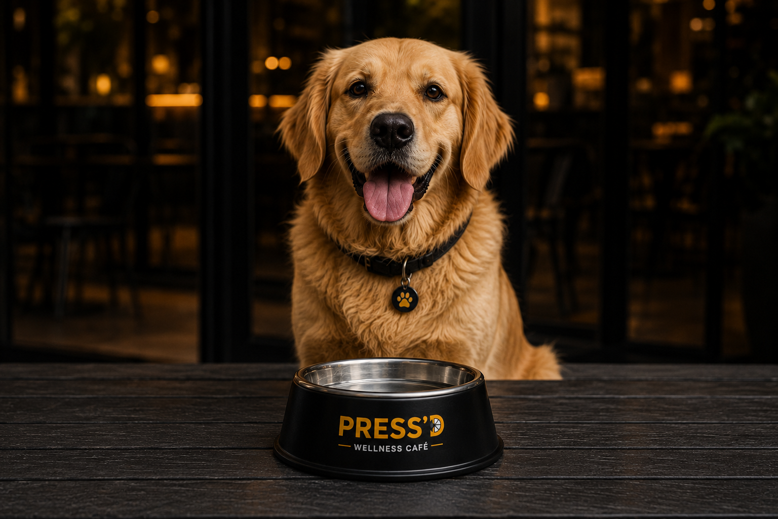 A happy dog enjoying the pet-friendly PRESS'D café experience