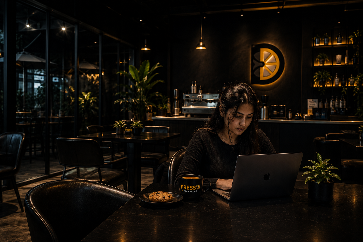 A guest working comfortably on a laptop inside PRESS'D