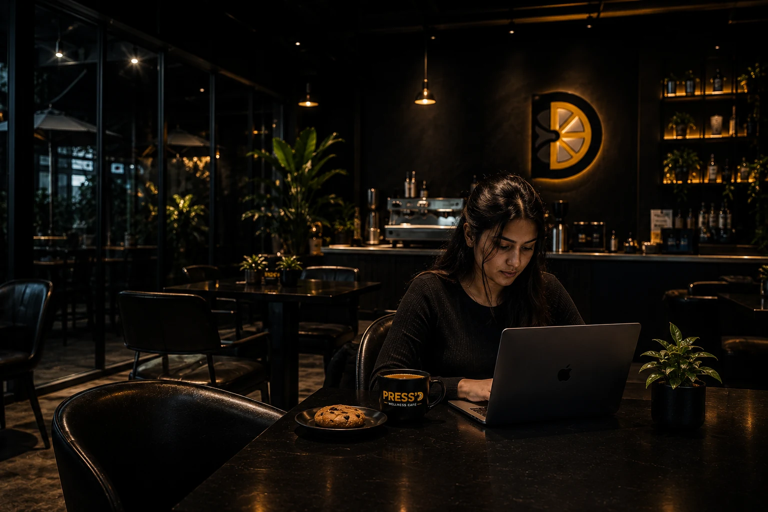 A guest working comfortably on a laptop inside PRESS'D